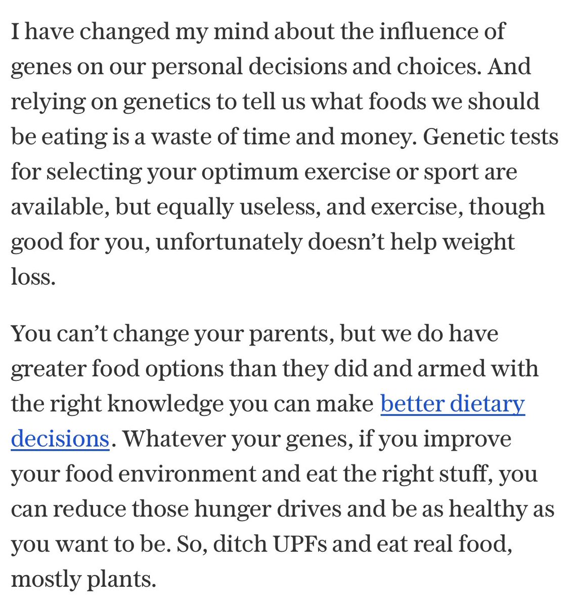 Powerful piece by @timspector on the critical role environment plays in your health. Obesity is not genetic. It depends mostly on how you live and the friends you keep. That’s why we have to improve our environment to improve our health. #HealthNation telegraph.co.uk/health-fitness…