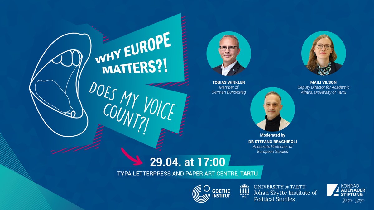 🗨️We have organized a discussion in cooperation with @unitartu & @goetheinstitut: „Why Europe matters? – Does my voice count?“ on April 29th at 5:00 PM in Tartu.

🔗To join, apply here: forms.office.com/pages/response…