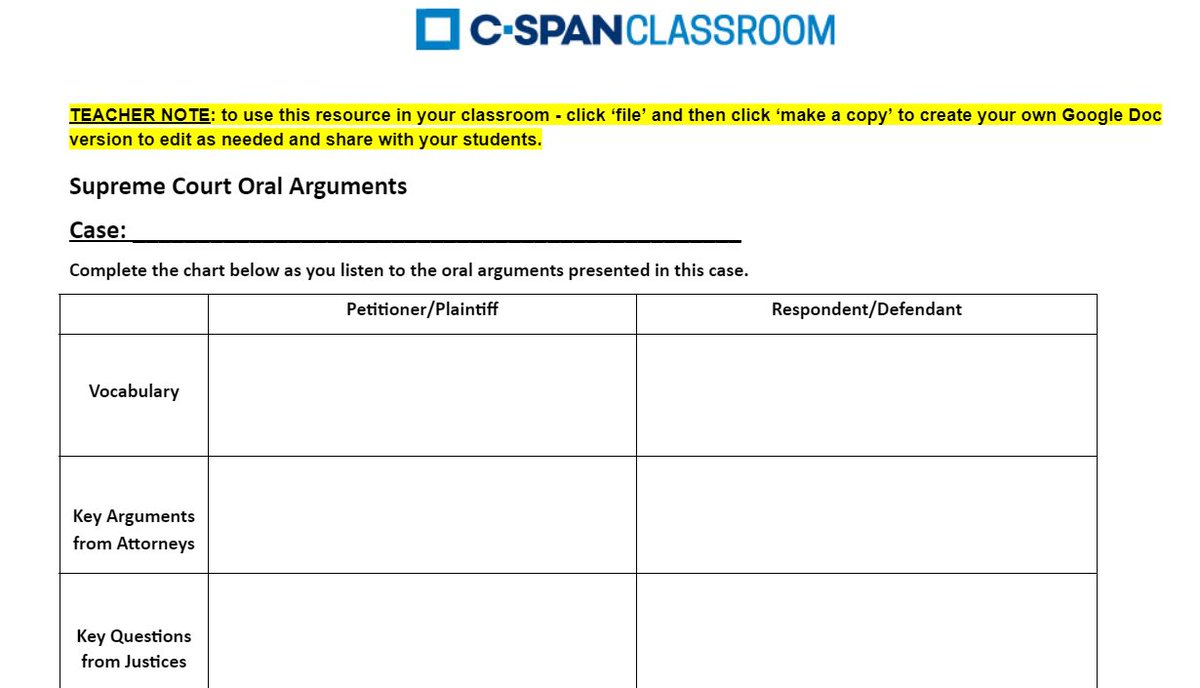 There's only one week left of oral arguments for the current Supreme Court term! Help your students examine both sides of a 2023-2024 Supreme Court case and determine its significance to the U.S. with our #SCOTUS Oral Arguments lesson: c-span.org/classroom/docu…. #GovChat #APGov