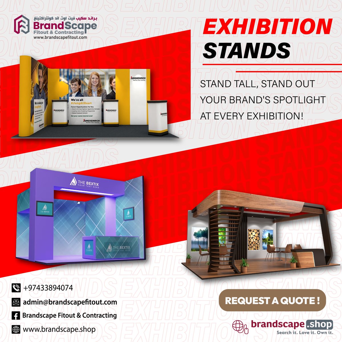 brandscapefc's tweet photo. Stand Stall, Stand Out. Your Brand's Spotlight At Every Exhibition.

Shop at https://t.co/usWay70jAl

For more Details Visit Us at https://t.co/tezBzeQPCj

For more Inquiries Contact
33894074

#exhibition2024 #exhibitionstand #exhibitionstand #FurnitureSale #tradeshow #qatar https://t.co/bUCouNeb6V