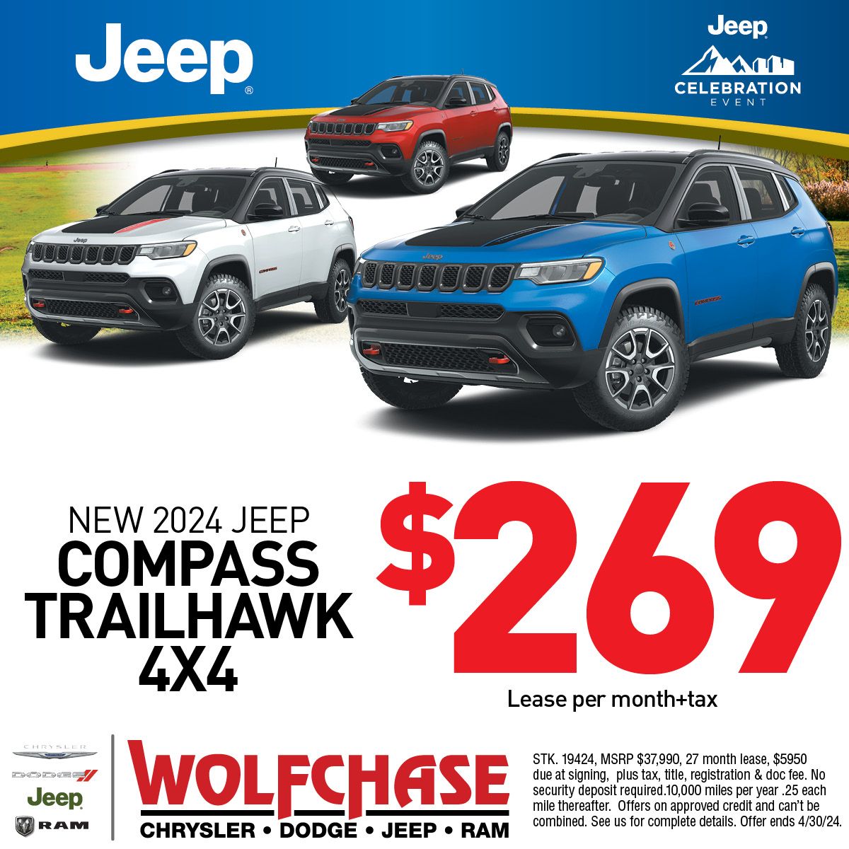 Lease a NEW 2024 Jeep Compass Trailhawk 4x4 for only $269/mo for 27 months! 
Check out our Trailhawks here: wolfchasecdj.com/searchnew.aspx… 

#JeepCompass #Jeep #WolfchaseCDJR #JeepLease