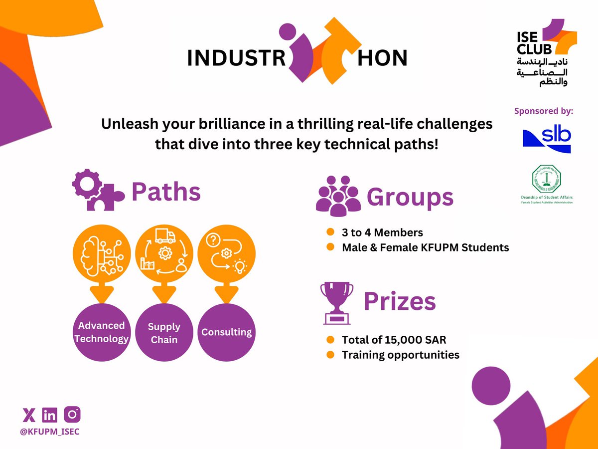 #نبتكر_لنصنع 🪄

شارك انت وفريقك في أكبر هاكاثون على مستوى الجامعة #kfupm … #اندسترياثون المقدم من نادي الهندسة الصناعية برعاية Slb💡
 
تحدَّى نفسك في ثلاثة مسارات صناعية، ستواجه فيها تحديات من سوق العمل واللي عليك هو إيجاد حلول مبتكرة ومستدامة.🎯