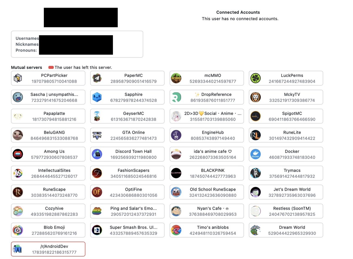 A spy tool is scraping the messages of thousands of Discord servers and selling the data. This is letting people track users across servers, shows when they joined voice chats, which servers they're in, etc: 404media.co/a-spy-site-is-…