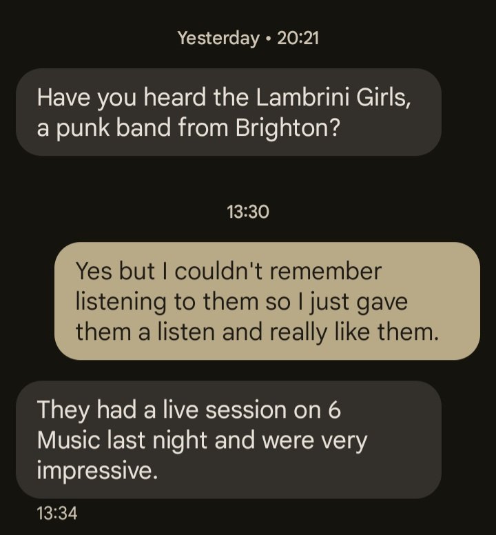 My 73 year old Dad has a musical taste that does not reflect his increasingly conservative politics and I think that is protecting him from sliding too right wing and may even be pulling him back into kinder and maybe even progressive political views. Thank you @Lambrini_Girls