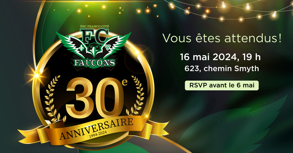 🎉 Rejoignez-nous le 16 mai à 19 h pour célébrer un moment historique! @Franco_Cite fête fièrement ses 30 ans d'engagement pour la réussite de ses élèves. ✨🥳🎈 Réservez votre billet 👉 ecolecatholique.ca/30e-fc #FrancoCité #30ans #Célébration #Anniversaire #Éducation #Ottawa