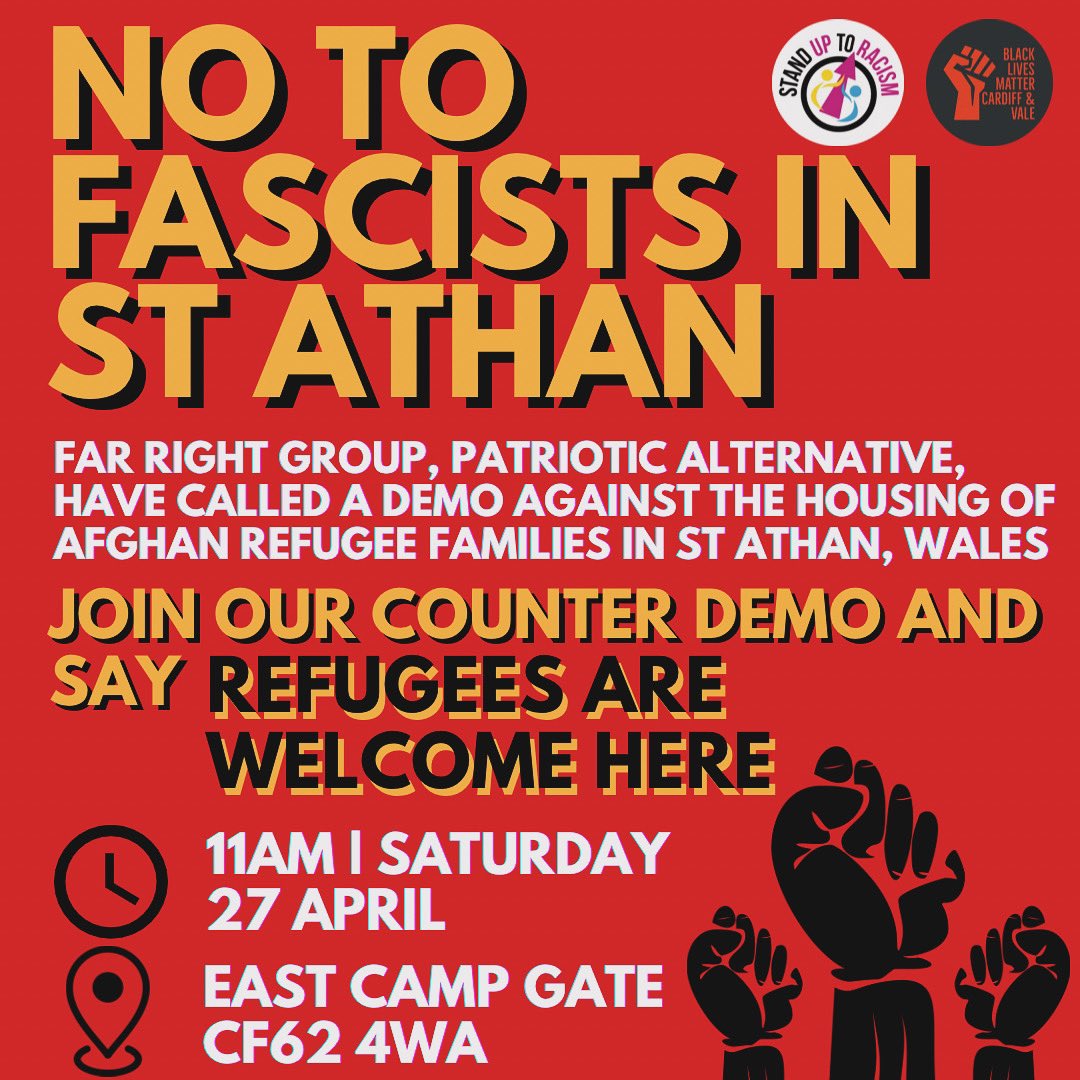 The fascists are preparing to demonstrate in St Athan on Saturday, 27 April. 🚨

The reason? Because Afghan families fleeing conditions we helped create are being housed there. 

We need to build a counter demonstration to let them know their racism is not welcome! ✊

TURN UP!