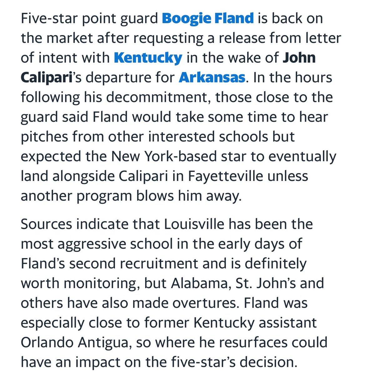 According to Rob Cassidy of Rivals former UK signee Boogie Fland will likely land in Arkansas with Coach Cal. But Cassidy points out that #Louisville has been the most aggressive in their pursuit of Fland. Something worth keeping an eye on.