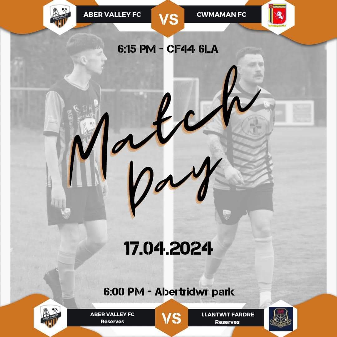 aber_valley_fc's tweet photo. ⚽️⚽️Matchday ⚽️⚽️
Both our firsts and reserves in action this evening⚽️
Our firsts travel for a very difficult midweek trip against @FC_Cwmaman
Our Reserves take on @FFardre
Res. At Aber Park
KO 18:00
#cota
#midweekmatches
#COTA 🧡🖤 https://t.co/i3yzOx0S7v