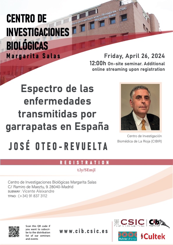El Dr. José Antonio Oteo Revuelta dará un seminario sobre las enfermedades transmitidas por #garrapatas en España. En el <a href="/CIB_CSIC/">CIB Margarita Salas (CSIC)</a> de Madrid, el viernes 26 de abril a las 12:00 #ticks #rickettsiosis #Lyme #anaplasmosis #CrimeaCongo aeped.es/sites/default/…