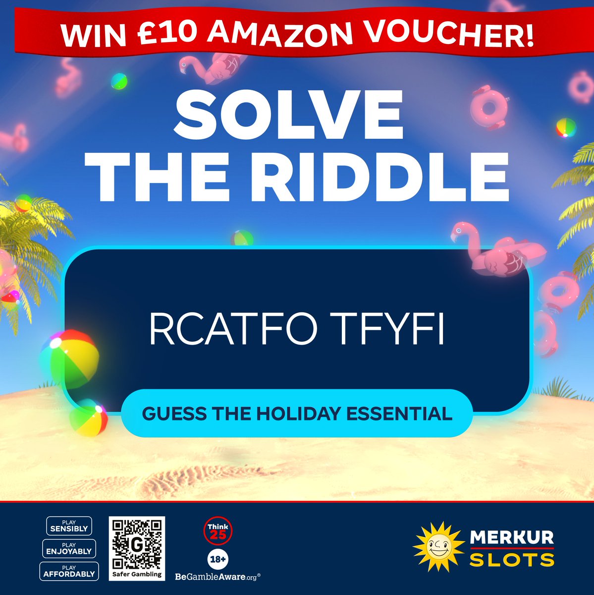 (18+, - BeGambleAware.org)
Puzzle lovers, it's your time to shine! Can you decode this holiday essential?! Solve the scramble and you could be bagging a £10 AMAZON VOUCHER! 🤩
Leave your guess over on our Facebook page, entries close next Thursday. 

#MERKUR #WinitWednesday