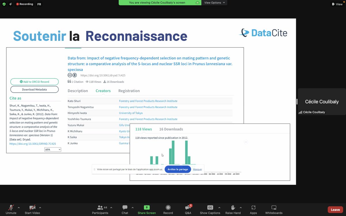 📣@cecilecoul2 @uvciv présente @DataCite et le pouvoir des #DOIs et #Metadonnées pour améliorer la visibilité et la reconnaissance de la recherche datacite.org #DataCiteGAP