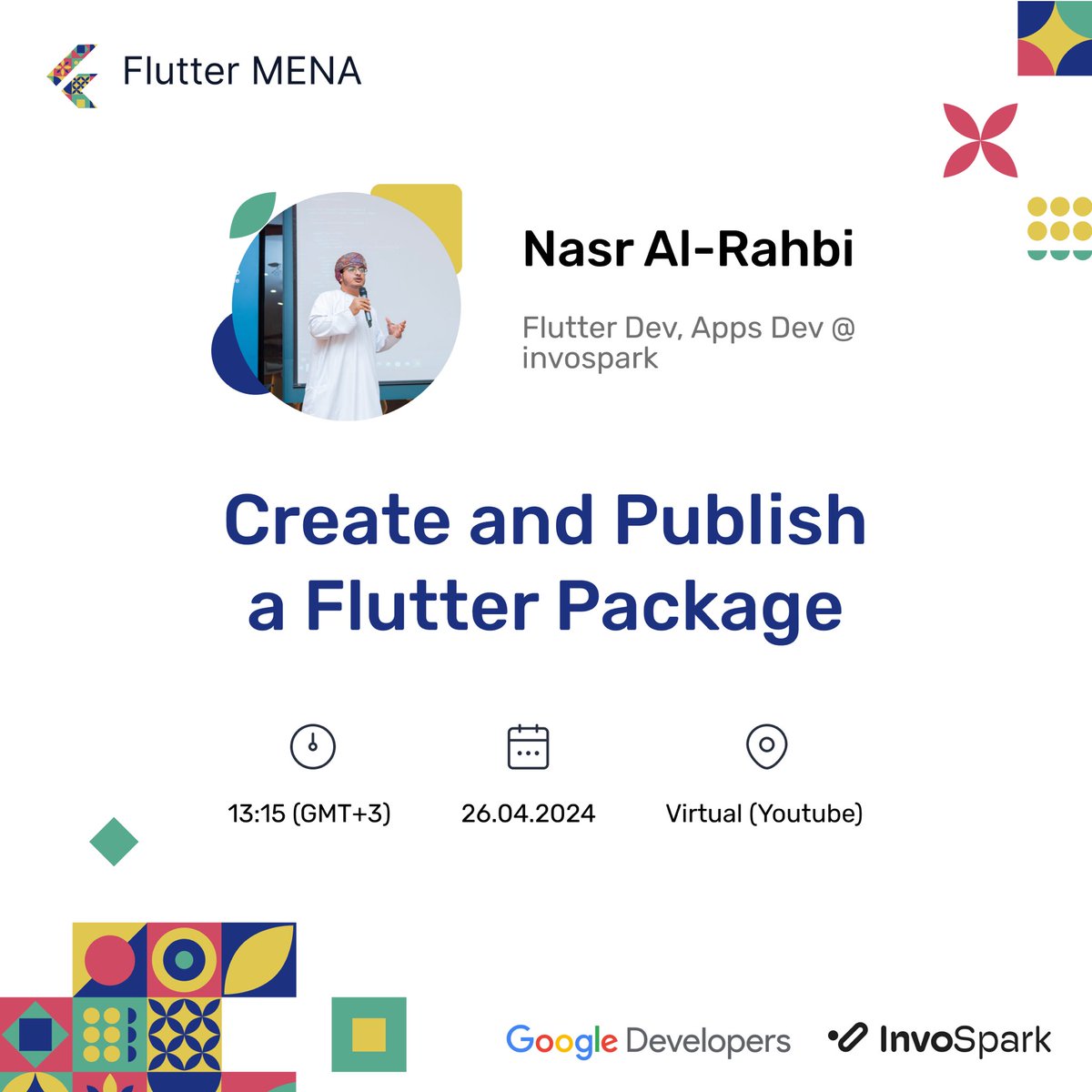 🎉 Exciting #TechTalk Alert! 🎉 

Join @abom_me from @InvoSpark for a live session on how to “Create and Publish a Flutter Package” 📦✨

📆 on 26.04.2024, 13:15 GMT+3. 

Watch it virtually on YouTube! 
Boost your #Flutter skills with expert tips. #FlutterMENA