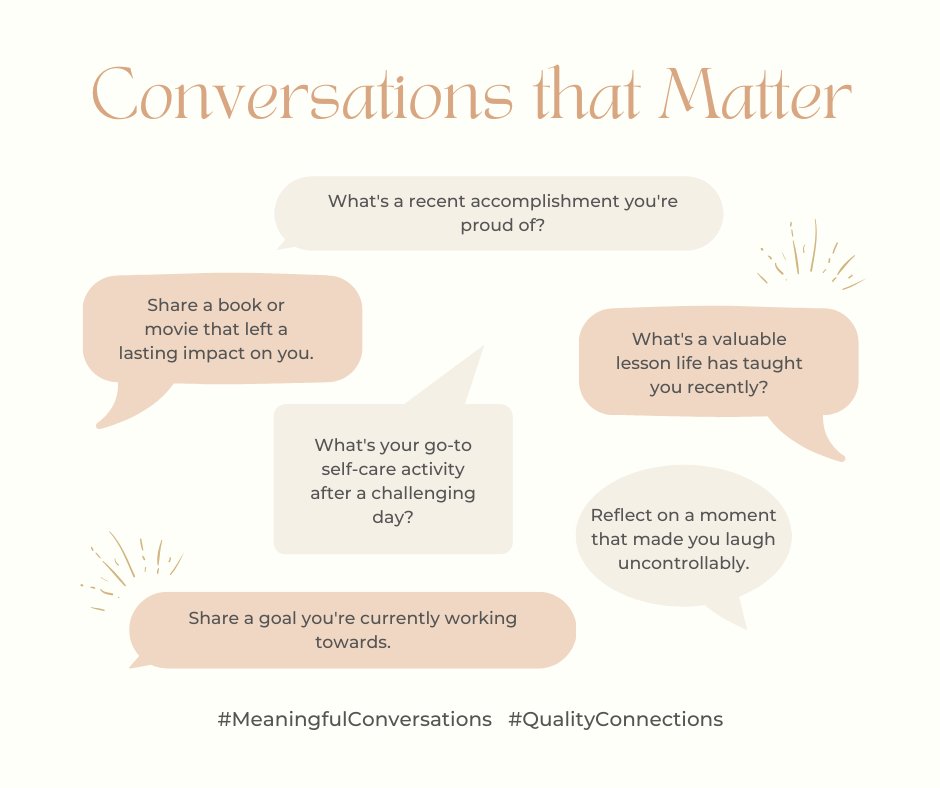 🗣️✨ Elevate your connections with conversations that matter. Engaging in meaningful dialogues not only strengthens bonds but also nurtures mental well-being. Put down your phones and embrace the power of authentic exchanges. 💬 #MeaningfulConversations  #ConnectionMatters