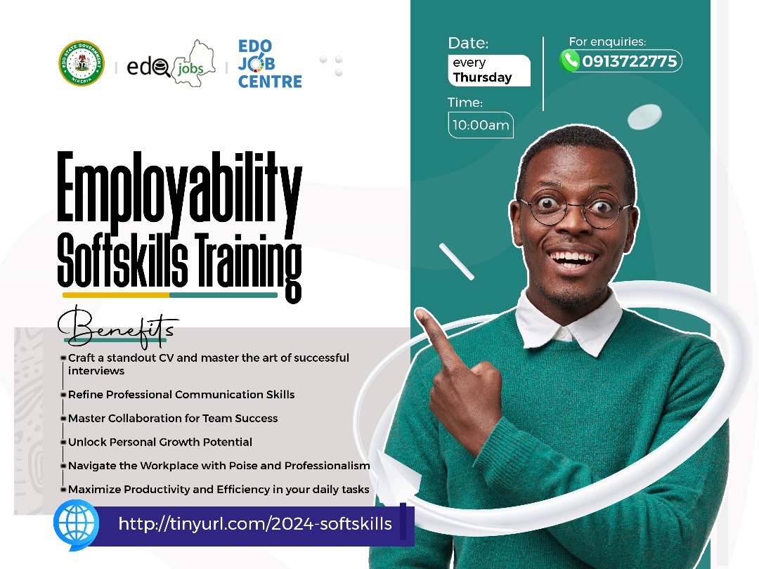 Are you ready to take your professional journey to the next level? Join our dynamic Employability Training Workshop across the different Edo Job Centres this Thursday 18th April, 2024 Time: 10:00 am Location: Across all Job Centre's View flier for more details