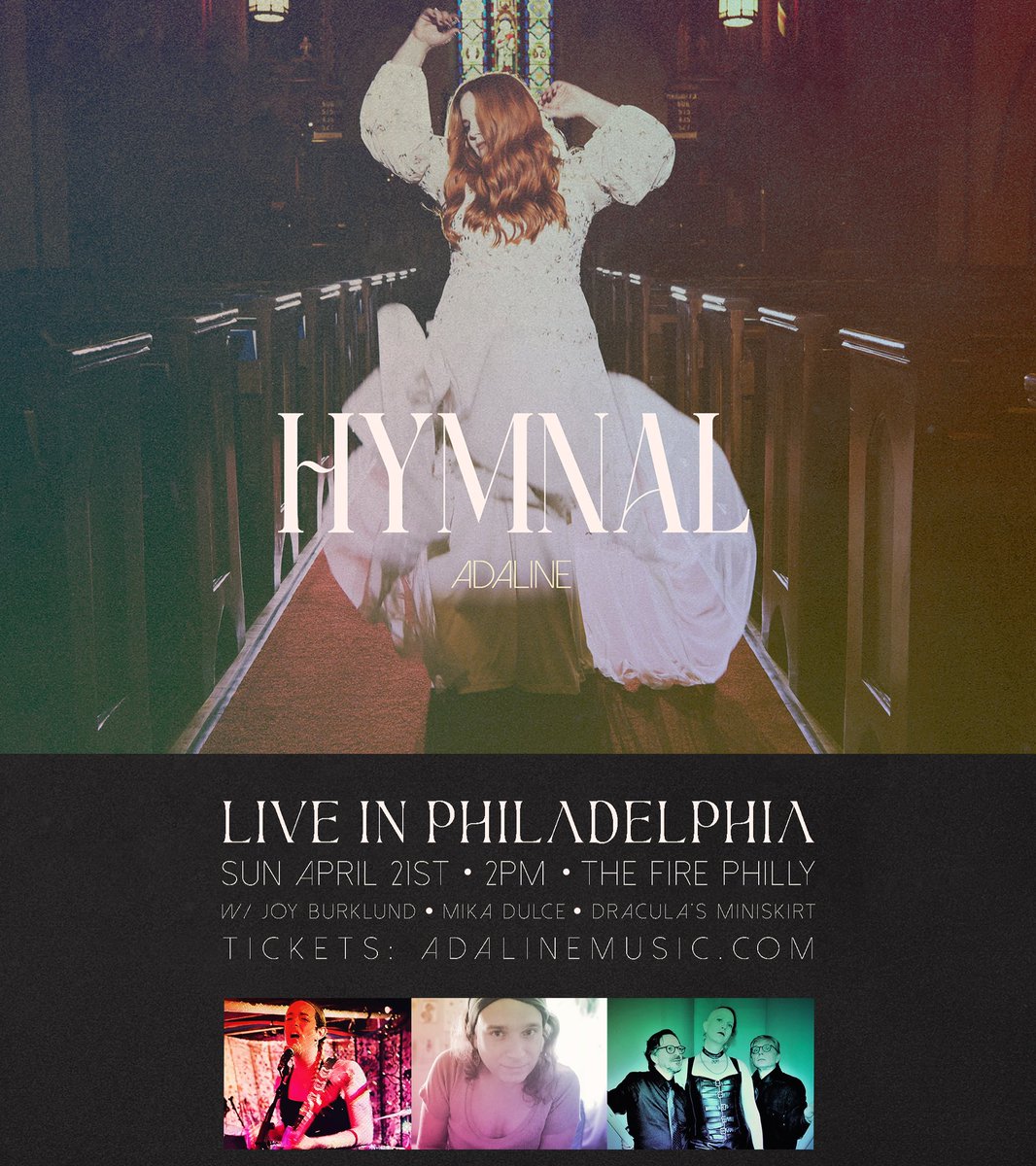 adalinemusic's tweet photo. PHILLY! You’re up next! This Sunday April 21st at @FirePhilly with special guests Joy Burklund, Mika Dulce, and Dracula’s Miniskirt! It’s a matinee show so grab your sunnies and meet us at 2pm! Show starts at 2:30. Tickets: https://t.co/r5VxlJSGzz
#lgbtphilly #queerphilly https://t.co/wUqbxvV0tw