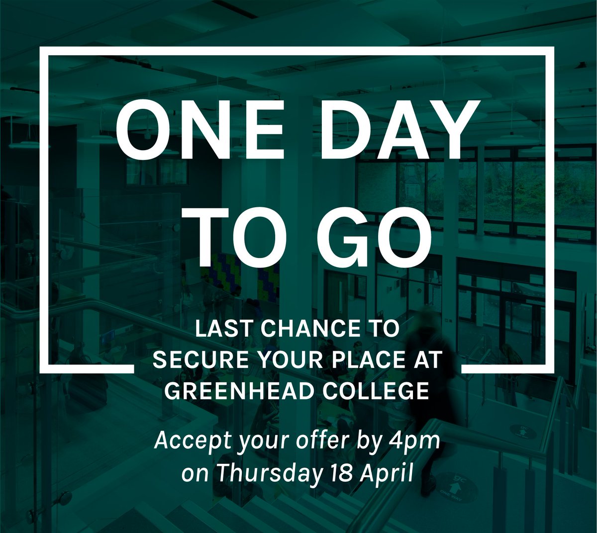 Have you received an offer to study at Greenhead College? Don't forget you have just over 24 hours to accept your place before the deadline of 4pm tomorrow (Thursday 18 April). ✅ Accepting is easy! Simply fill out the form sent out in your offer email. #Classof2026