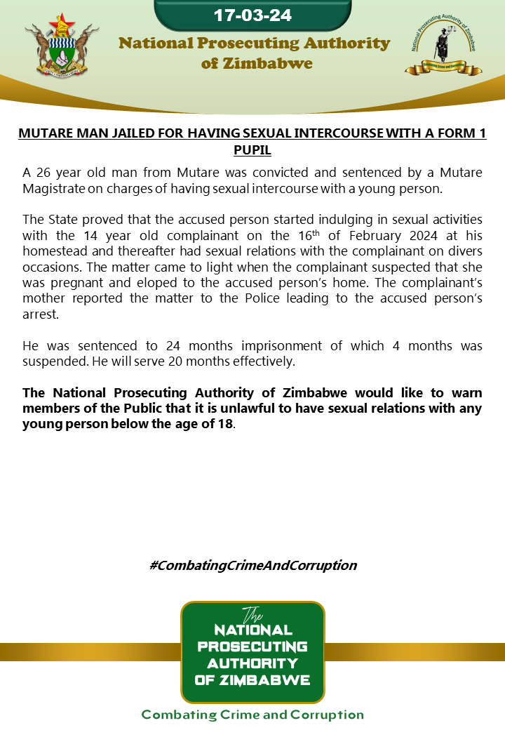Mutare man jailed for having sexual intercourse with a form 1 pupil #CombatingCrimeAndCorruption @childlinezim @GenderZimbabwe @ShamwariyeMwana @MwanasikanaW @MUSASAZIM @capitalkfm @ChronicleZim @ZTNPrime