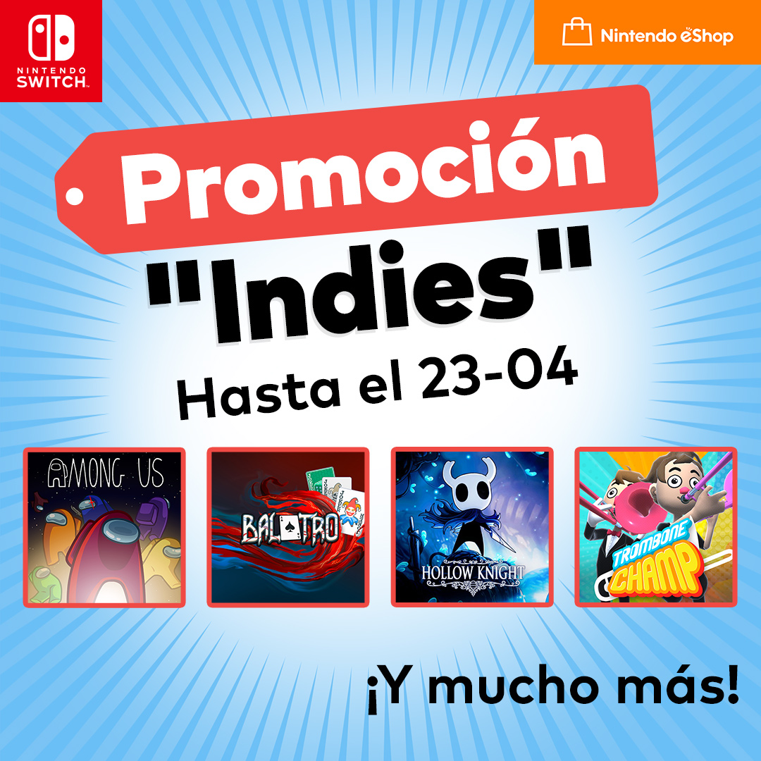 NintendoES's tweet photo. Descubre más de 1500 juegos con descuento, entre ellos Hollow Knight, Among Us, Balatro y muchos más, gracias a la promoción "Indies". ¡Disponible hasta el 23 de abril en Nintendo #eShop!

Échales un ojo a las ofertas: https://t.co/GyGnW7S8Sa https://t.co/vW11xu1xvc