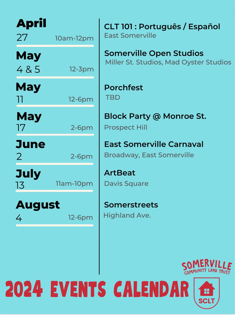 Check out the SCLT 2024 Events Calendar and share this with your Somerville network and neighbors! Interested in getting involved? Join our biweekly Volunteer Meeting TONIGHT at 7PM over Zoom: zoom.us/j/2492519271?p…