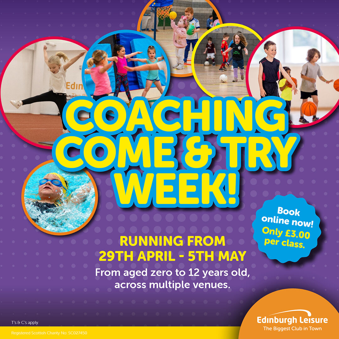 Coaching Come and Try Week - 29th April - 5th May! From gymnastics and multi-sports for under 5s to basketball and athletics for the older kids, there’s loads to choose from. With classes from £3.00, this is the perfect time to try something new! edinburghleisure.co.uk/activities/coa…