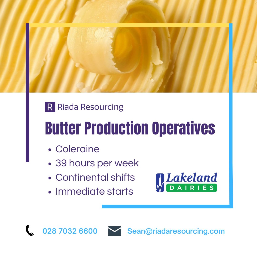 Butter Production Operatives - Coleraine 📍 Lakeland Dairies is a farmer-owned dairy processing co-operative with a heritage of excellence spanning over 100 years.🐄 Apply here 📲 vacancies.riadaresourcing.com/vacancies/3438… #nijobs