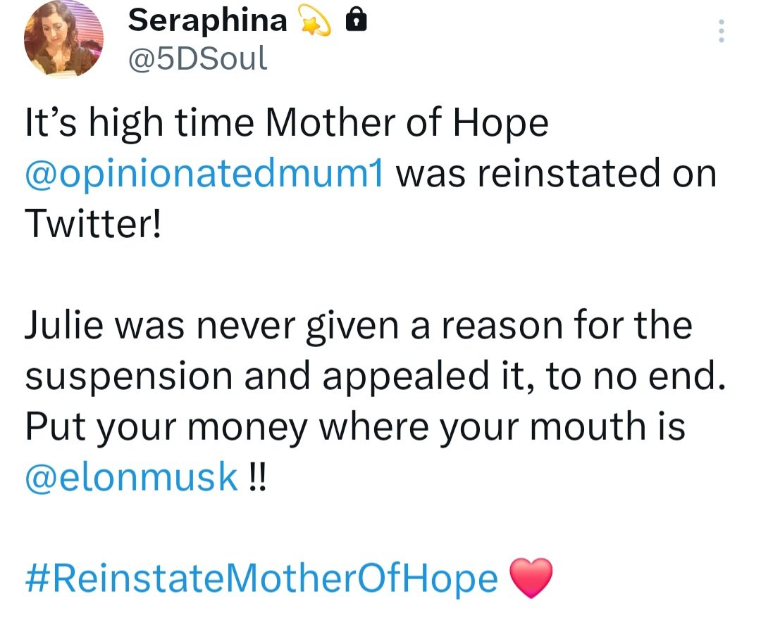 If everyone can share this please i for one would love julie back!! #ReinstateMotherofHope @opinionatedmum1 @elonmusk