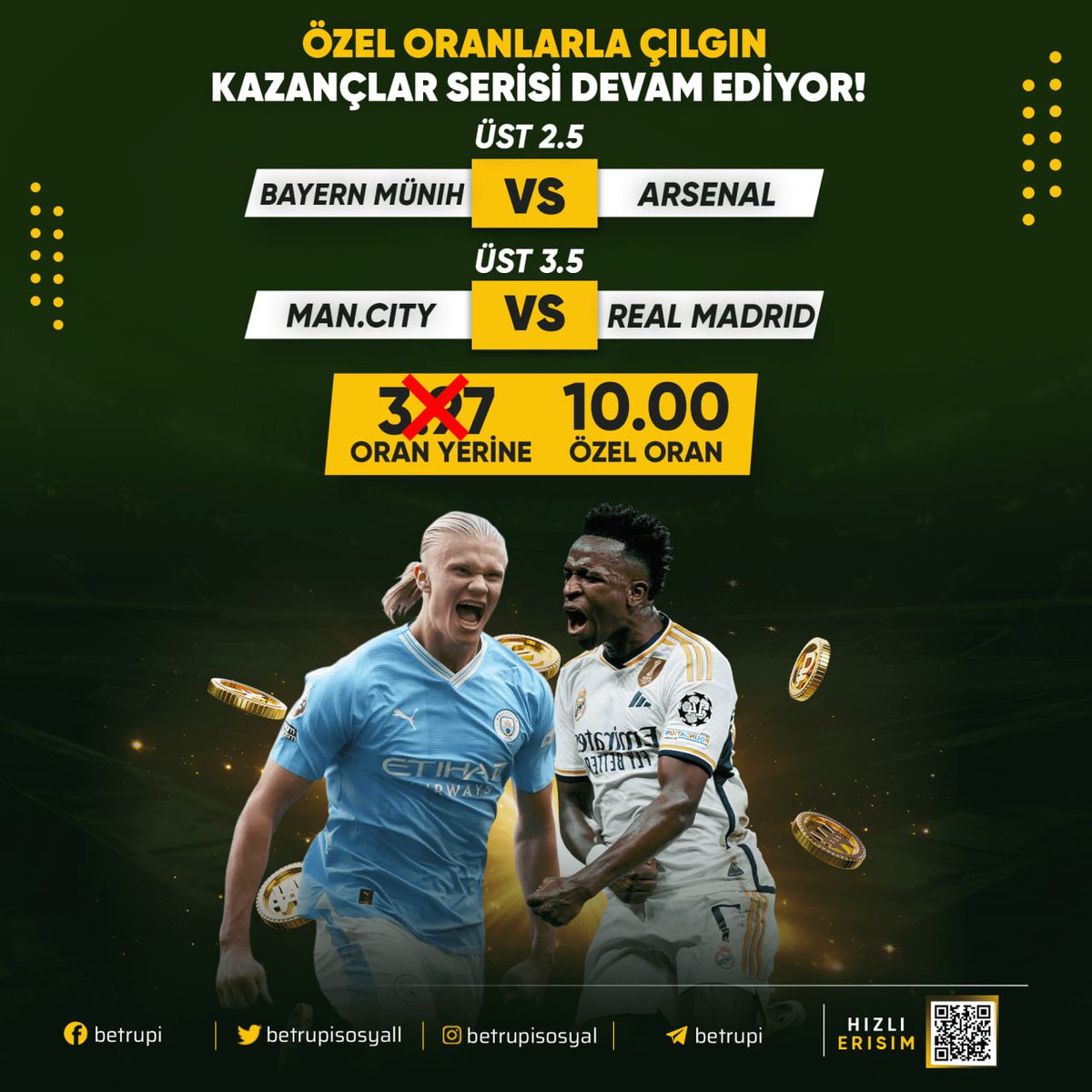 👑 15 Nisan Özel Oran Won ✔️ 👑 16 Nisan Özel Oran Won ✔️ 👑Hemen Bahis Al, Günün Özel Oranını Kaçırma! 🏟 Bayern Münih-Arsenal: Üst 2.5 🏟 Man. City- Real Madrid: Üst 3.5 🔥🔥🔥 10 Oran 🔥🔥🔥 📌 t2m.io/x1Rupi