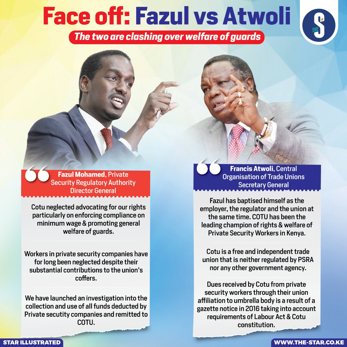 TheStarHealth's tweet photo. Face off: Fazul Vs Atwoli
The two are clashing over welfare of guards
#starinfographics https://t.co/fvjoqFasRB
