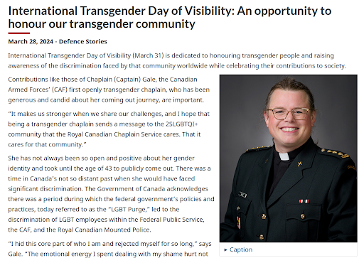 On Transgender Day of Visibility, the Department of National Defence (DND) lauded Captain Beatrice Gale as a trailblazer. A few days later Gale was suspended for making an 'inappropriate comment or request.”