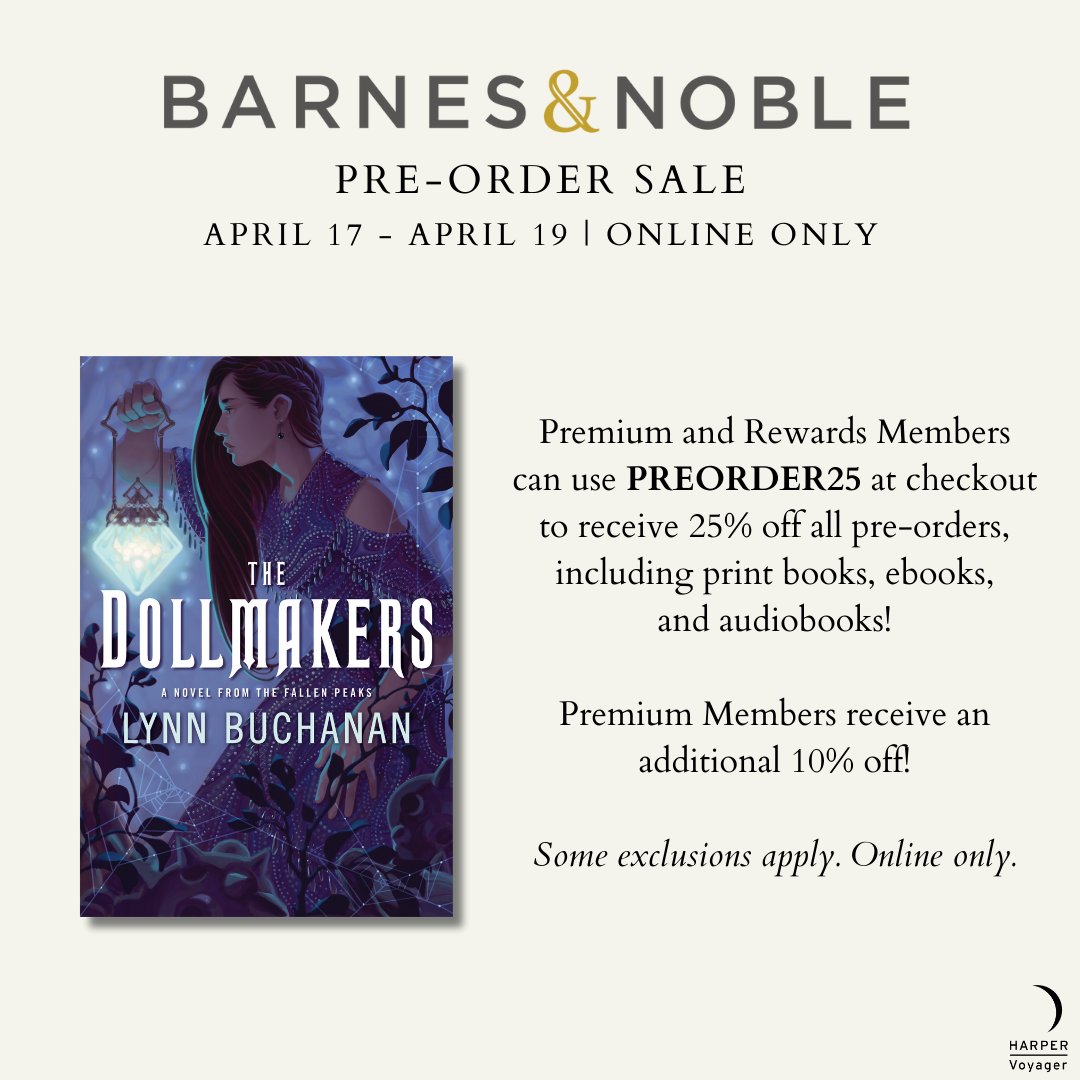 Time for another pre-order sale! From 4/17-4/19, @BNBuzz is doing a 25% off pre-order sale for Premium and Rewards Members! If you've been wanting to grab a copy of The Dollmakers, now's a good time! Link: barnesandnoble.com/w/the-dollmake… #BNPreorder #fantasybooks #thedollmakers