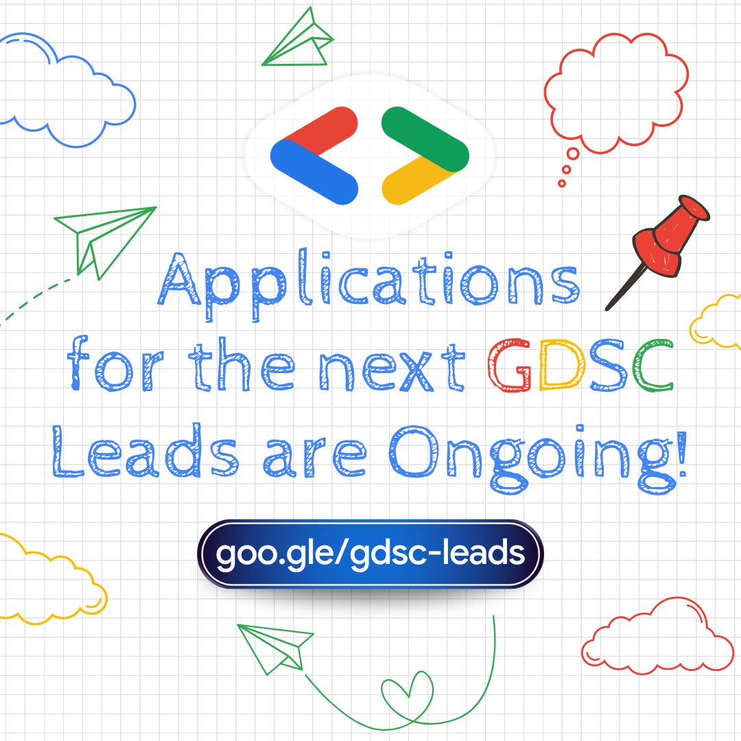 Applications for the next GDSC Leads are ongoing 🔥 Google Developer Student Club Leads are passionate leaders at their universities who are dedicated to helping their peers learn and connect. 🎉 Learn more and apply: goo.gle/gdsc-leads