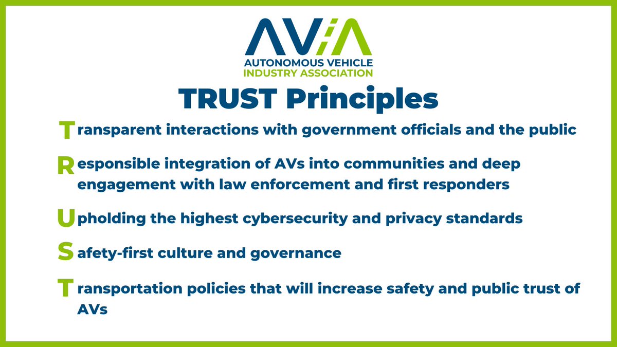 Public trust in AVs is essential to their acceptance, and  the AV industry must earn and maintain that trust. 

We recognize we have important work to do, which is why we're unveiling the #TRUSTPrinciples and new initiatives to reinforce AV safety theavindustry.org/trust-principl…
