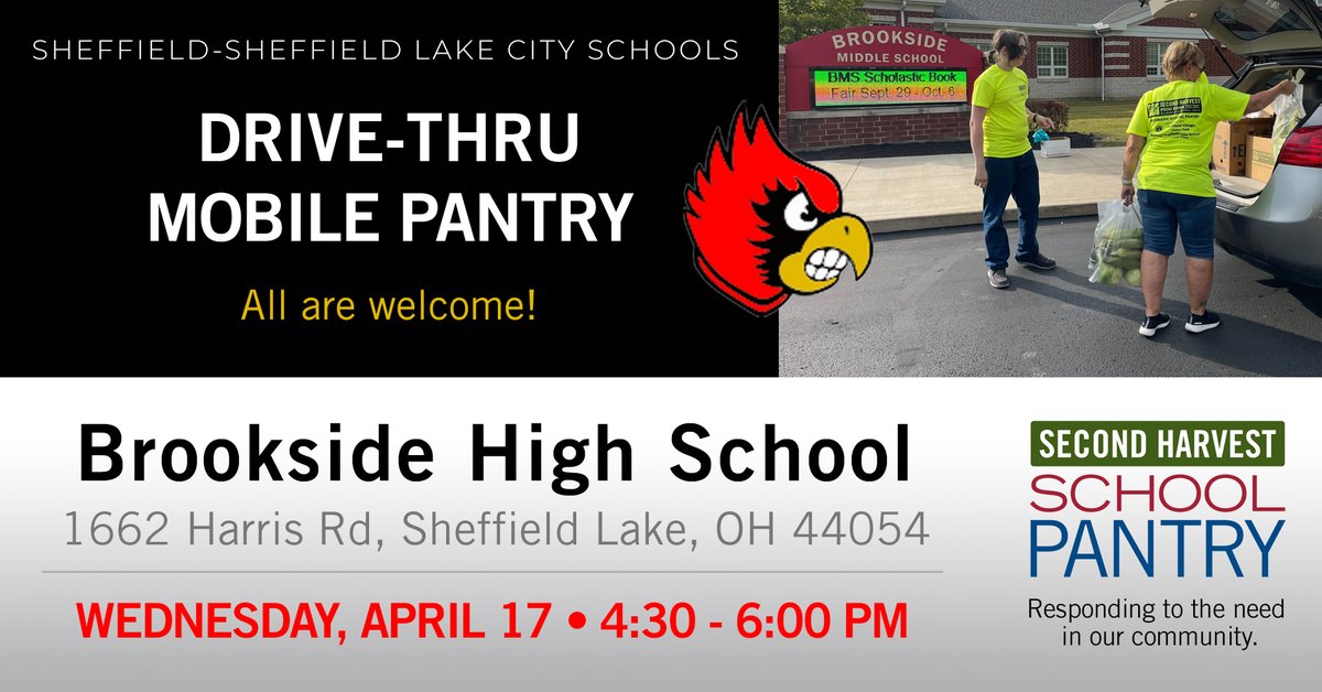 TOMORROW! In partnership with @BrooksideCards, SHFB will be distributing boxes of food, pollock fish, strawberry cups, onions, carrots, cabbage, apples, potatoes & MORE from 4:30-6pm at Brookside HS for anyone in need! Photo ID required. 📲 Register: bit.ly/shfb_apr17