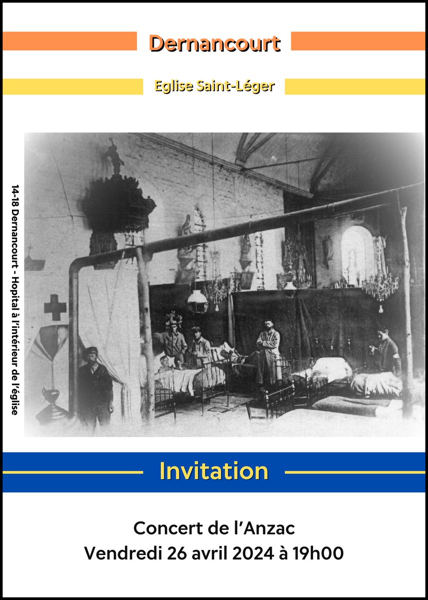 For Anzac Day 2024, the ‘Association du Centenaire de la Première Guerre’ welcomes you to Dernancourt for visits in 🇬🇧 🇫🇷 of the school and the Saint-Léger Church, as well as a concert by the ‘Harmonie Municipale d'Albert’. More information: lionel.lamotte46@gmail.com