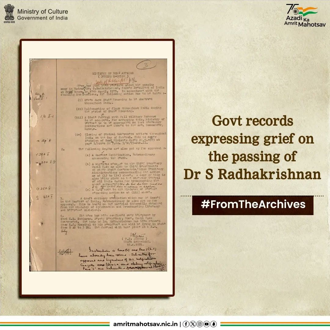 A look at the #RareAndUnseen records regarding the half-masting of the flag &  closing of the govt offices throughout the country soon after the death news release of Dr S Radhakrishnan.

#AmritMahotsav #FromTheArchives #MainBharatHoon 

IC: @IN_Archives