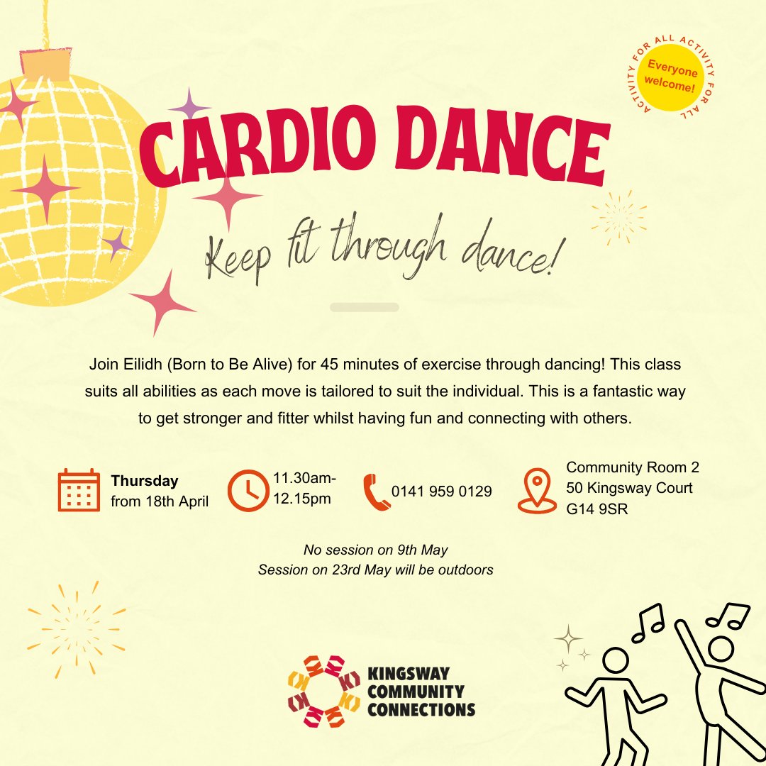 Cardio Dance is BACK tomorrow 🕺💃 join Eilidh and the regular group of movers in Community Room 2 at the new time of 11.30am! #WhatsOnG13 #WhatsOnG14