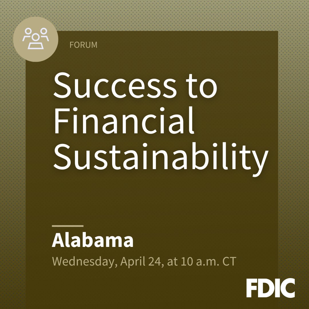 FDICgov's tweet photo. Roll Tide! We’re talking about ways banks and community stakeholders can partner to help more Alabamans #GetBanked. Join us to hear about innovative partnerships that can address account access and small-dollar loan challenges.
https://t.co/3vwVKNtSa2 https://t.co/BQ1Ji6hJhM