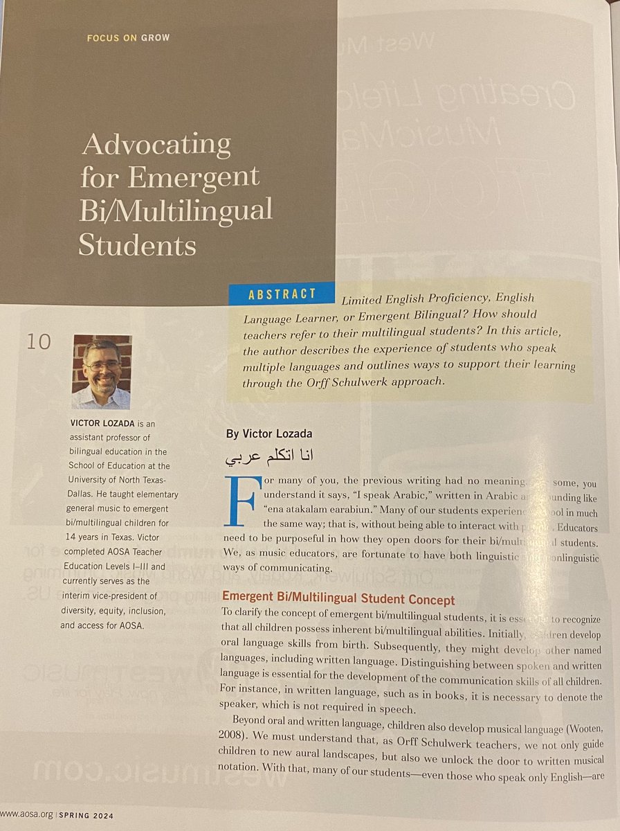 Excited to announce my article in The Orff Echo about advocating for emergent bi/multilingual students in the Orff Schulwerk classroom. 

@UNTDallas 
@AOSA1968