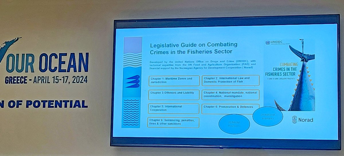 'A strong & adequate national legislative framework is at the core of any effective response to crimes in the fisheries sector.' At @OurOceanGreece event, @LejdaToci presented @UNODC Legislative Guide on the topic highlighting its usefulness in the fight against these crimes.