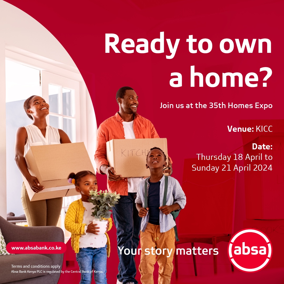 Join us for the 35th Kenya Homes Expo at the KICC from tomorrow, 18 April, till 21 April 2024. Come learn more about the best home ownership packages in the market with 105% home financing and low interest rates of 9.5% p.a.

Start your home ownership story with us.
#AbsaHomeLoan