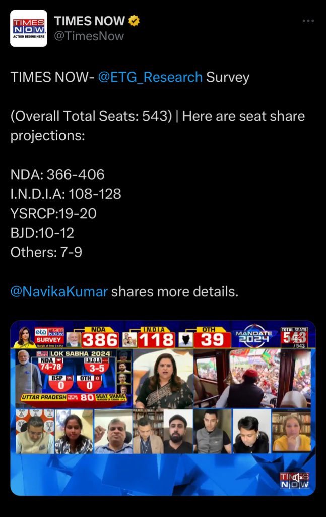 ETG has association only with @TimesNow and @TNNavbharat Hello @ZeeNews, thanks to some error in telecasting our opinion poll at your end, people are showering a lot of love on us. We urge @ZeeNews to correct the misinformation. #LokasabhaElection2024