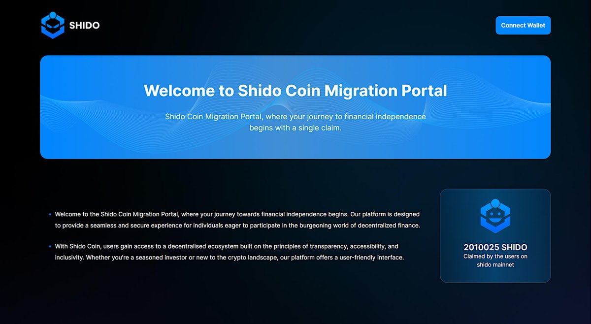 Shido Claiming Portal is now Live. Current SHIDO Erc-20 holders can now easily onboard Shido Network in seconds. Seamlessly in 3 easy steps - Connect your wallet, send your SHIDO Erc20 tokens and collect native SHIDO coins. Onboard Shido Network now 👉 migration-portal.shidoscan.com