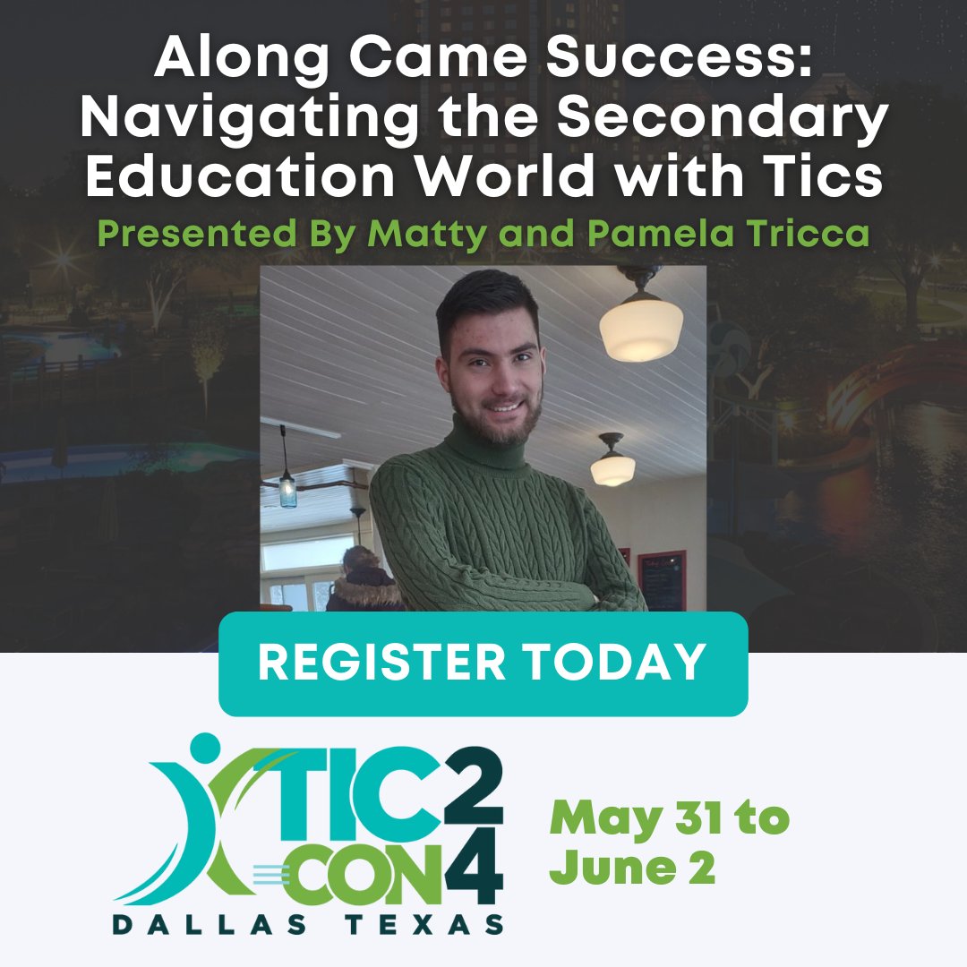 Hear about navigating the transition to secondary education and learn key strategies and resources from Matty's journey during the #TICCON24 presentation, 'Along Came Success: Navigating the Secondary Education World with Tics' 🌟 🔗Register now: tourette.org/tic-con-2024 #Tics