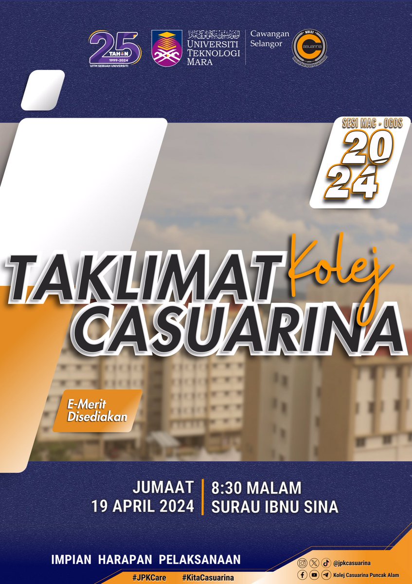 [ TAKLIMAT KOLEJ CASUARINA SESI MAC - OGOS 2024 ]

🗓️ TARIKH : 19 APRIL 2024 (JUMAAT)
🕰 MASA : 8.30 MALAM
📍 LOKASI : SURAU IBNU SINA, UiTM PUNCAK ALAM

‼️ E-merit Kolej DISEDIAKAN ‼️

✏️ Kehadiran pelajar semester 1, 2 dan 3 adalah DIWAJIBKAN

#JPKCare
#KitaCasuarina