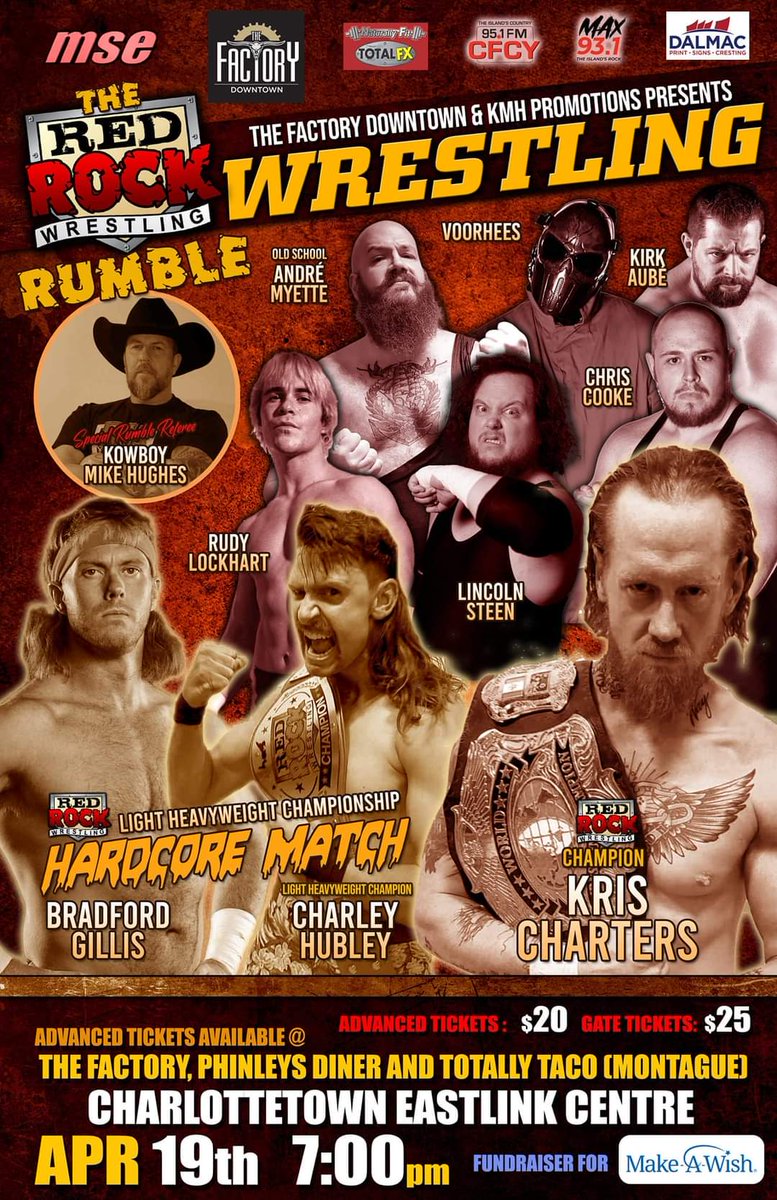 This Friday, it's all happening at the @EastlinkCtrPEI! RED ROCK RUMBLE Advance tickets are available for 2 more days for $20 at Phinley's Restaurant, The Factory Downtown, and Totally Taco Eatery! Tickets at the door are $25