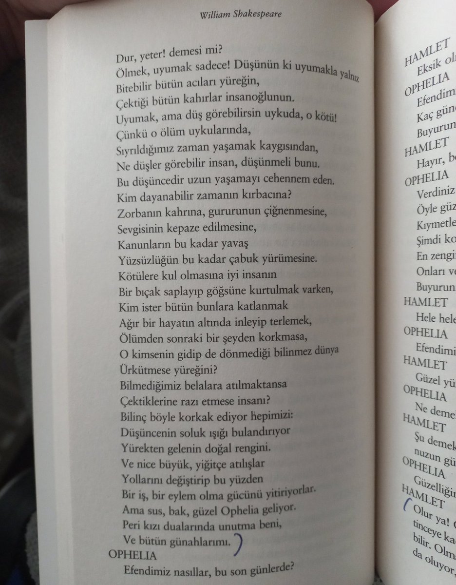 O kimsenin gidip de dönmediği bilinmez dünya
Ürkütmese yüreğini?
Bilmediğimiz belalara atılmaktansa
Çektiklerine razı etmese insanı?
Bilinç böyle korkak ediyor hepimizi:
Düşüncenin soluk ışığı bulandırıyor
Yürekten gelenin doğal rengini.

*William Shakespeare, Hamlet