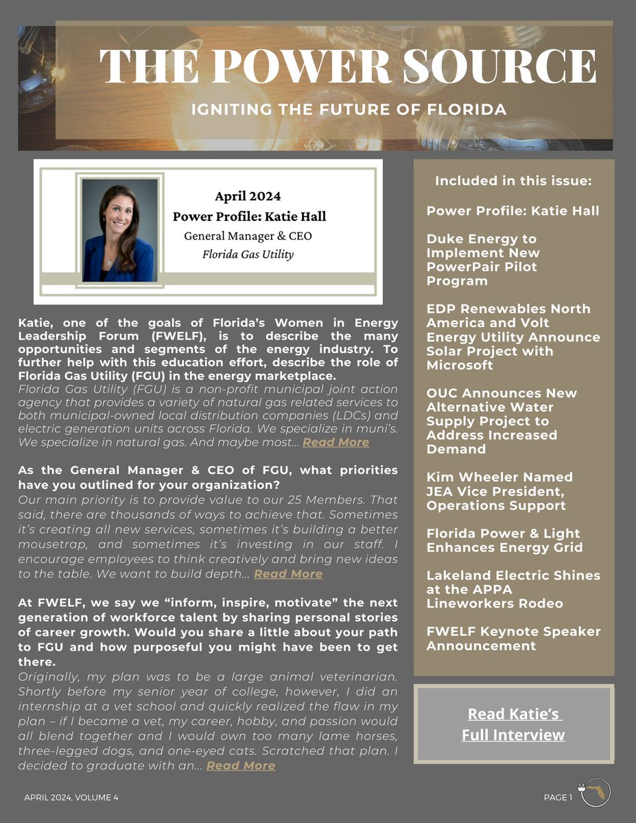FLWomenInEnergy's tweet photo. 🎉 Let's give a big round of applause to Katie Hall, General Manager &amp; CEO of Florida Gas Utility, for being named the April 2024 Power Source Honoree! 🌟 Head to our website to discover more about Katie Hall! https://t.co/yJUC2RvpD9 https://t.co/L1HzaWsNFG