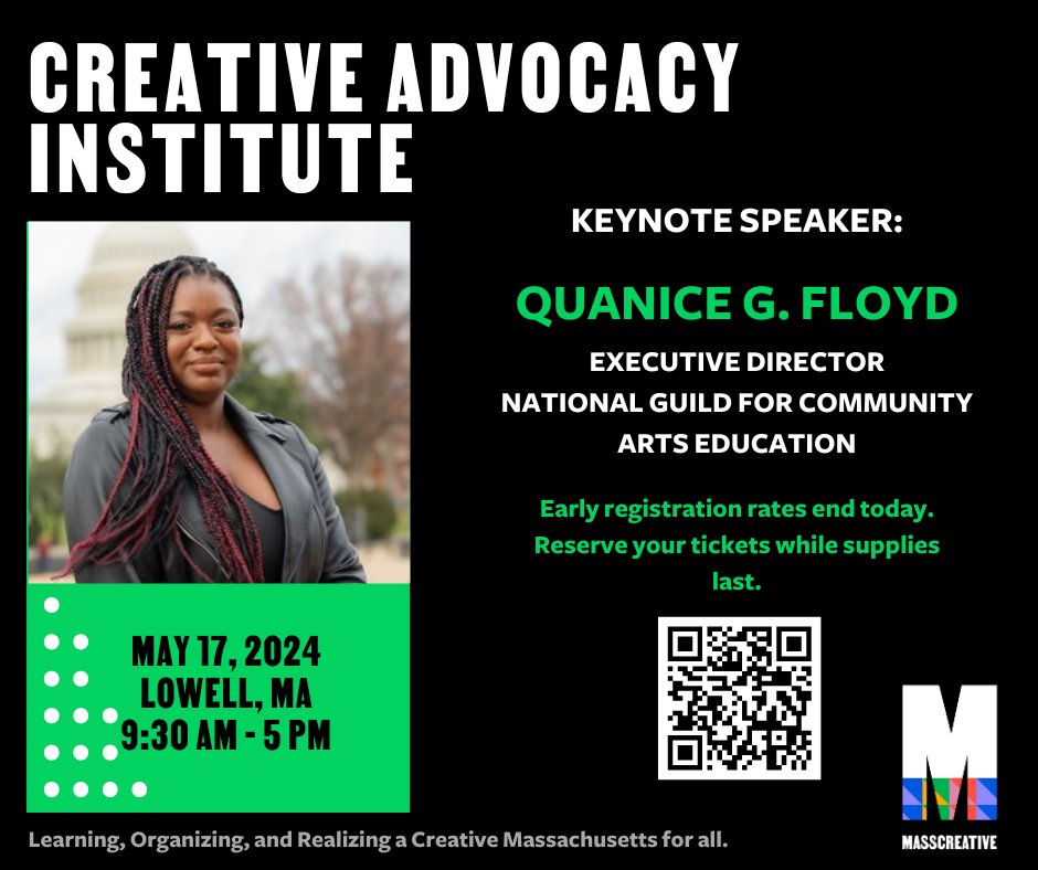 We're proud to share that our keynote speaker for the Creative Advocacy Institute is Quanice Floyd! Quanice is the Exec. Dir. of @communityartsed and an award-winning arts leader. Get your tickets before early rates end at 5PM. #CAI2024 #CreateTheVote ow.ly/YgOV50RhFke