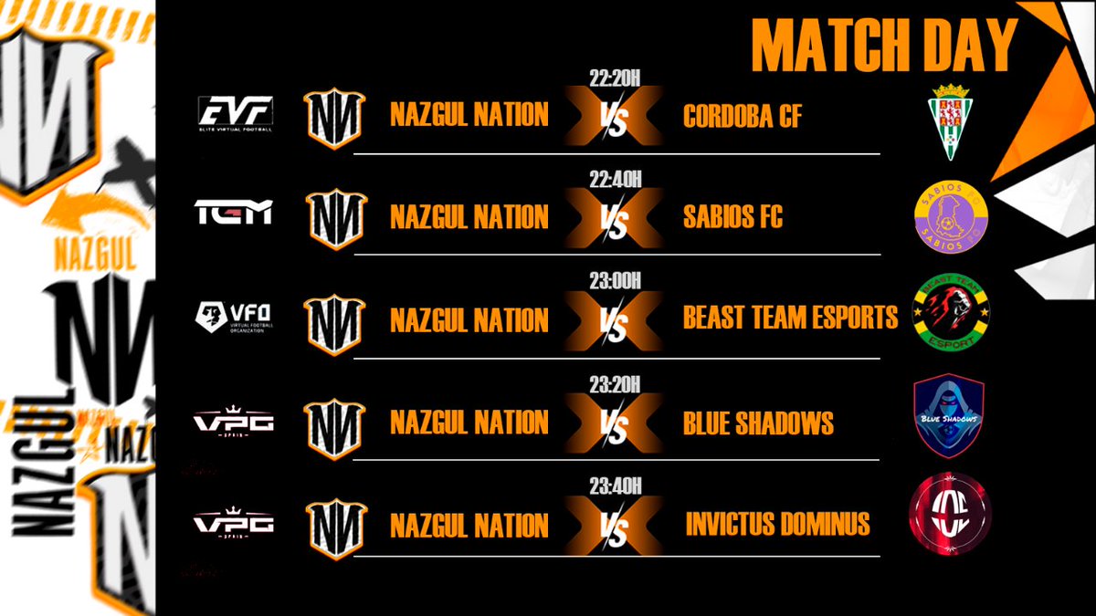 🔶 MATCHDAY 🔶 

Tercera noche de la semana de #FC24

🏆 @Official_EVF 🆚 <a href="/CCF_eSports/">Córdoba CF eSports</a> 
🏆 <a href="/LigaTGM/">Liga TGM</a>  🆚 <a href="/sabios_fc/">Sabios FC</a> 
🏆  <a href="/VFOspain/">VFO España</a> 🆚 <a href="/BeastTeameSport/">Beast Team eSport</a>
🏆 <a href="/VPG_Spain/">Virtual Pro Gaming España</a> 🆚 <a href="/BLUESHADOWSESP/">BLUE SHADOWS eSport</a> 
🏆 <a href="/VPG_Spain/">Virtual Pro Gaming España</a> 🆚 @IDEsportsGG 

Vamos a por todas campeones 💪
#GoNN #GoNazgul #NagulOnTop