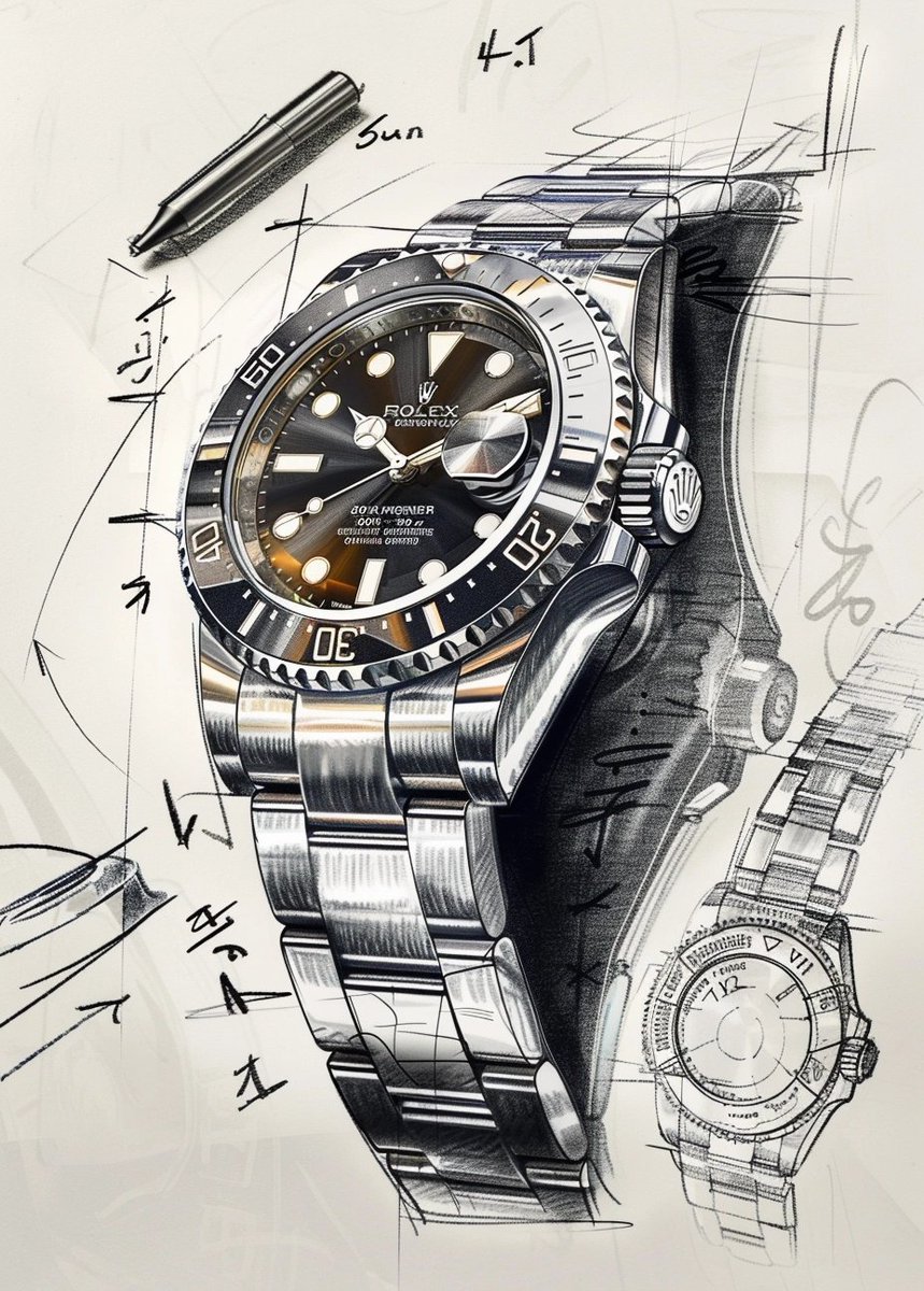 The Watchmaker's Musings
#Rolex #WatchDesign #Sketch #TimepieceArt #digitalart #ArtPrints #AIArt #luxurylifestyle #midjourney